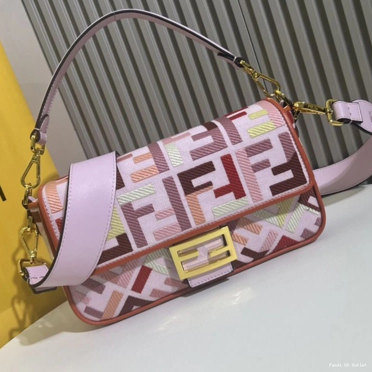 Affordable HOT Pink Multi Motif Bag Medium In Fendi FF Canvas Baguette 0809